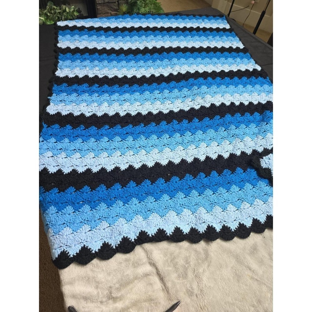 Vintage Crochet Granny Afghan Striped Blue 70's Blanket Vibrant Colors 72x46